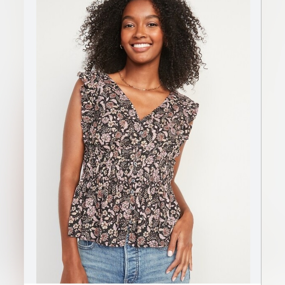Old Navy Babydoll Blouse Top, Brown Pink Floral Smocked Ruffle Trim, Size XL